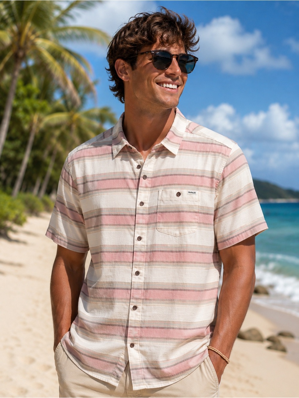 Hurley Men's Short-Sleeve Button-Up Shirt in Pink and Cream Stripe NWT M,L, XXL